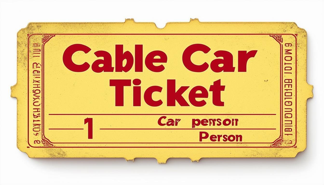 Create a simple, vintagestyle drawing of an oldschool cable car ticket in pale yellow